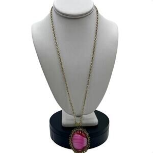 Vintage West‎ Germany Ornate Pink Givre Art Glass Cabochon Pendant Necklace